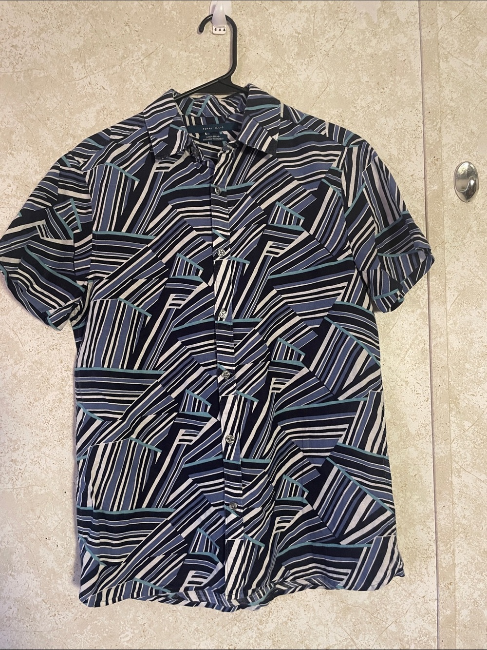 Perry Ellis Linen Blend Short-Sleeve Geometric Stripe Button-Up - Navy & Teal